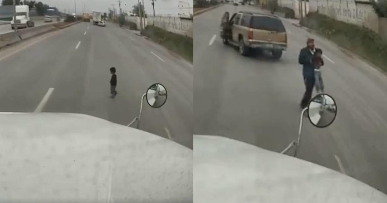 Trailero se convierte en el héroe de un niño que cruzaba solo una carretera. Captura de video TikTok vía @Traileros De Nuevo Laredo