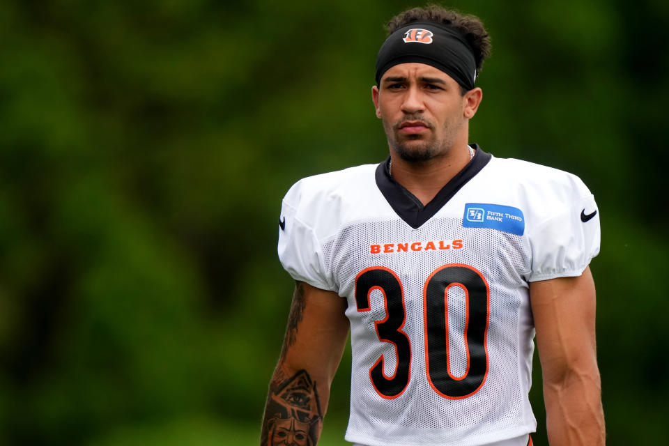 Jul 28, 2023; Cincinnati, Ohio, USA; Cincinnati Bengals running back Chase Brown (30) takes the field during training camp at the practice fields next to Paycor Stadium. Mandatory Credit: Kareem Elgazzar/The Cincinnati Enquirer-USA TODAY Sports