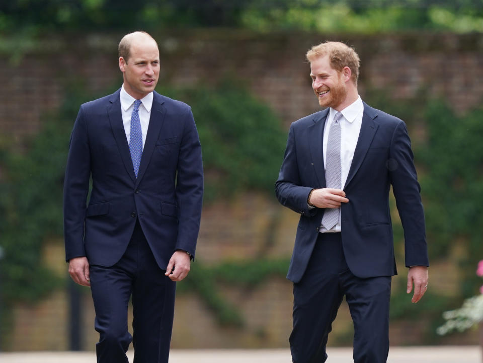 The Duke of Cambridge and Duke of Sussex arrive for the unveiling of a statue they commissioned of their mother Diana, Princess of Wales in the Sunken Garden at Kensington Palace, London, on what would have been her 60th birthday. Picture date: Thursday July 1, 2021.