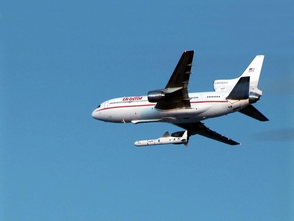 In this undated image provided by NASA the Orbital Science Corporation's "Stargazer" plane is shown releasing its Pegasus rocket. NASA's NuSTAR will also launch from a Pegasus carried by the Stargazer plane. NASA's NuSTAR mission is scheduled to launch from Kwajalein Atoll in the central Pacific Ocean on June 13, 2012 no earlier than 8:30 a.m. PDT (11:30 a.m. EDT). The observatory, which will hunt for black holes and other exotic objects using specialized X-ray eyes, will be launched from a Pegasus XL rocket carried by an Orbital Science Corporation L-1011 "Stargazer" plane. (AP Photo/Orbital Science Corporation via NASA)