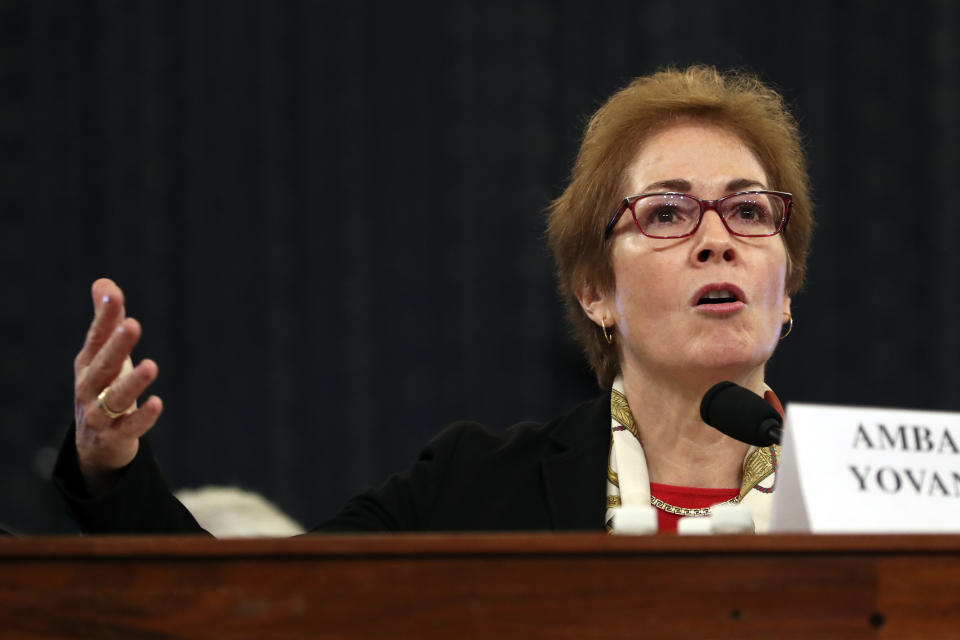 Former U.S. Ambassador to Ukraine Marie Yovanovitch testifies before the House Intelligence Committee on Capitol Hill in Washington, Friday, Nov. 15, 2019, during the second public impeachment hearing of President Donald Trump's efforts to tie U.S. aid for Ukraine to investigations of his political opponents. (AP Photo/Andrew Harnik)