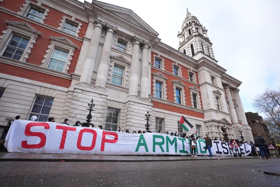 A pro-Palestine protest, organised by London for a Free Palestine, outside the Department of Business and Trade in Old Admiralty Building, central London, on March 28, 2024 (James Manning/PA Wire)