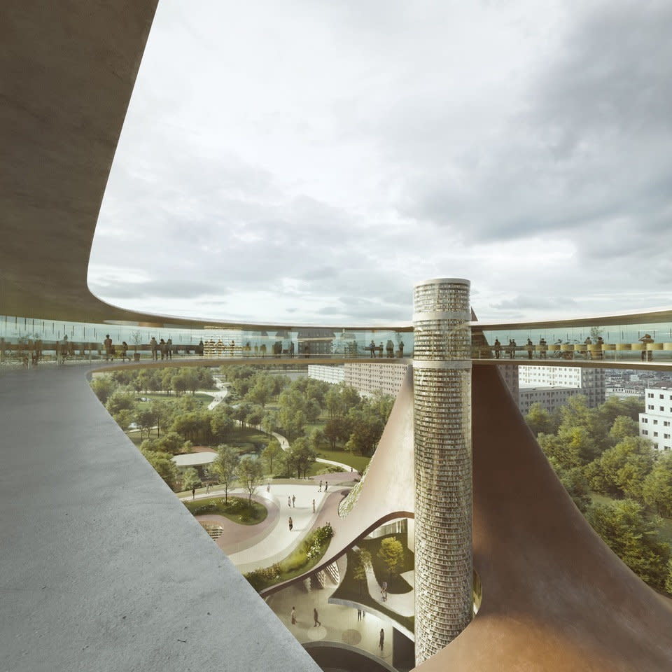 Looking down on the Tree of Knowledge campus from inside an upper study ring. 