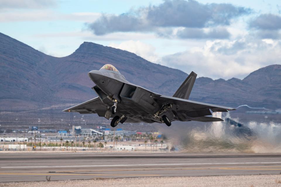 An F-22 Raptor assigned to the 3rd Wing, Joint Base Elmendorf-Richardson, Alaska, takes off for Red Flag-Nellis 24-1 mission at Nellis Air Force Base, Nevada, Jan. 23, 2024.