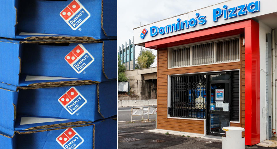 A stack of Domino's pizza boxes.