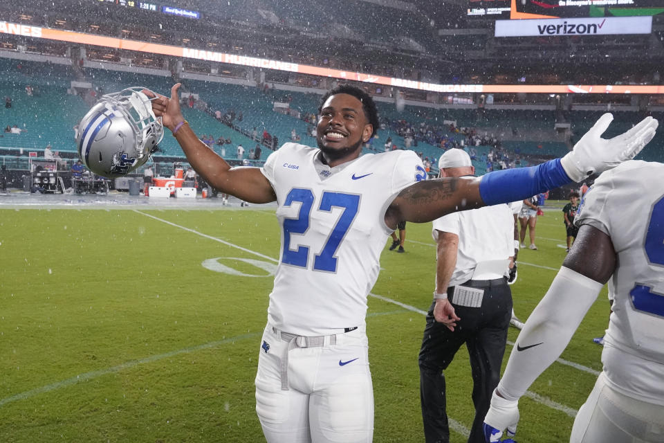 Middle Tennessee wide receiver Colton Shaffer celebrates after Middle Tennessee beat Miami 45-31 during an NCAA college football game, Saturday, Sept. 24, 2022, in Miami Gardens, Fla. (AP Photo/Wilfredo Lee)