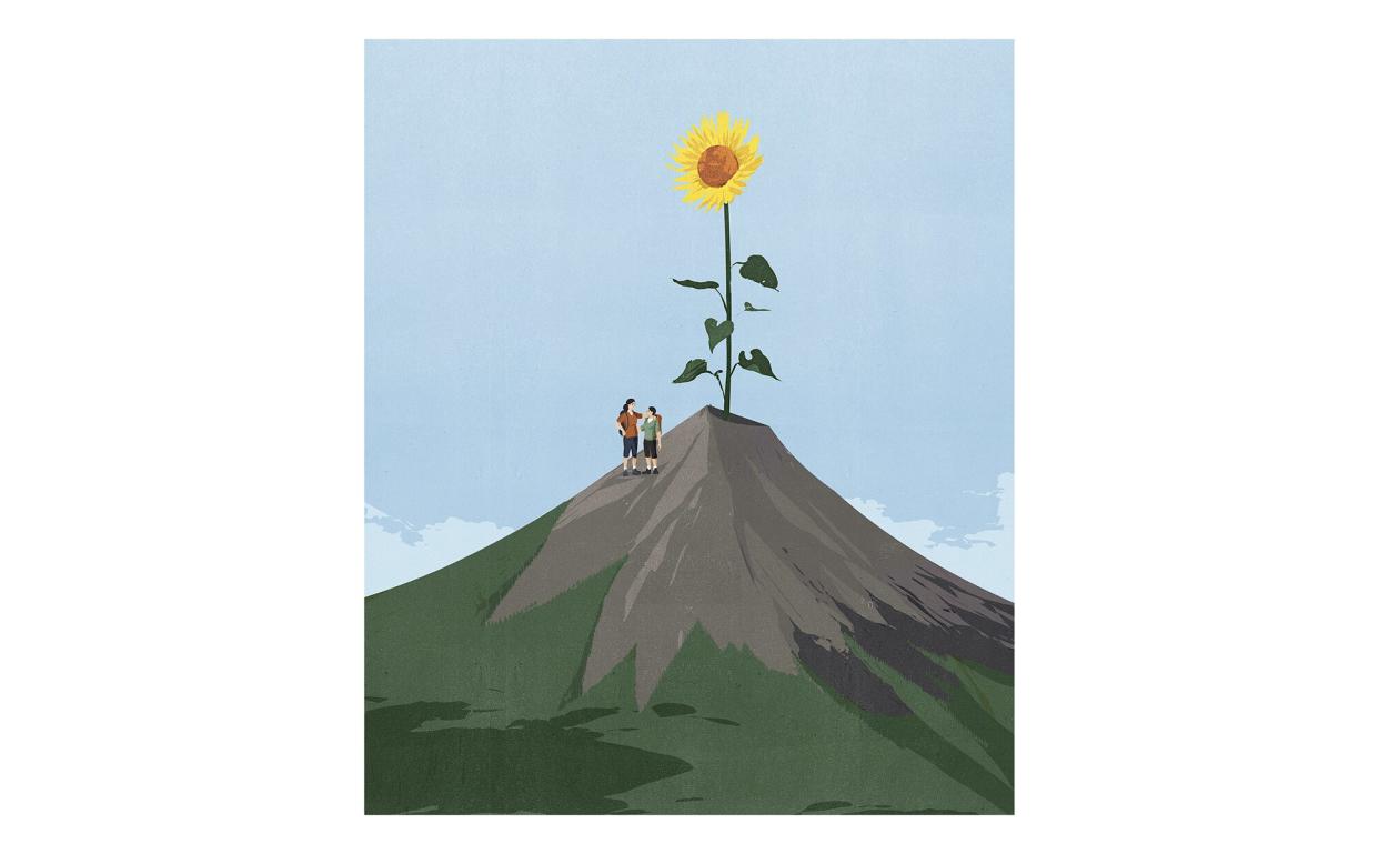 Illustration: mother and son on mountain with sunflower