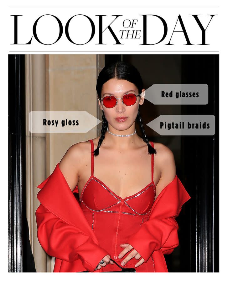 Bella Hadid went all red everything at Paris Fashion Week. (Photo: Getty Images)