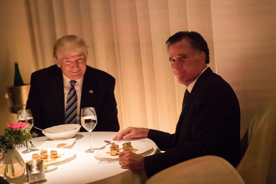 NEW YORK, NY - NOVEMBER 29: (L to R) President-elect Donald Trump and Mitt Romney dine at Jean Georges restaurant, November 29, 2016 in New York City. President-elect Donald Trump and his transition team are in the process of filling cabinet and other high level positions for the new administration. (Photo by Drew Angerer/Getty Images) ***BESTPIX*** ORG XMIT: 684695965 ORIG FILE ID: 626524652