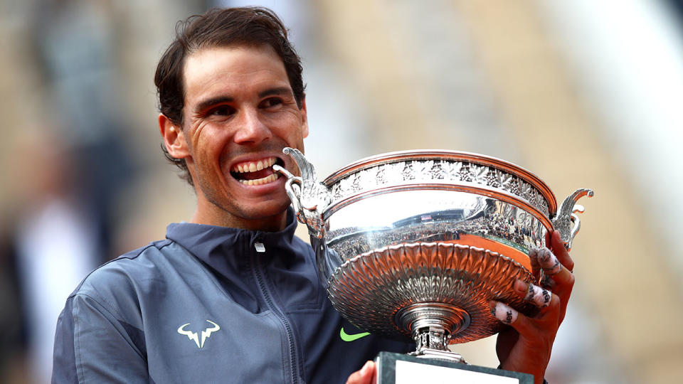 Seen here, Rafael Nadal poses with the 2019 French Open trophy.