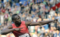 <p>Jamaica’s sprinter Usain Bolt gestures after crossing the finish line of the men’s 100 meters event, at the Golden Spike athletic meeting in Ostrava, Czech Republic, May 20, 2016. (Petr David Josek/AP) </p>
