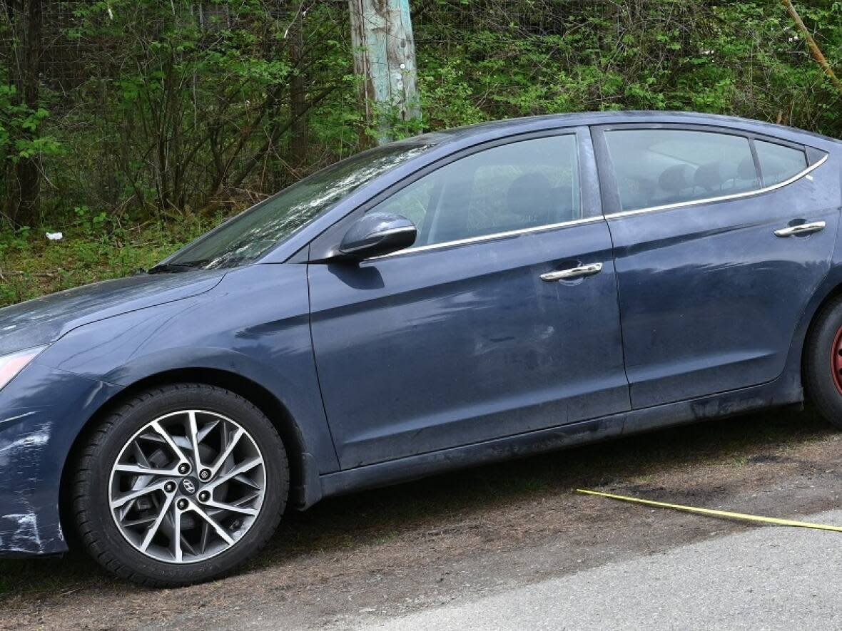 Police in Surrey are asking the public for information about this 2020 blue Hyundai Elantra 4-door sedan, which they say was involved in a fatal shooting on Tuesday, May 2 around 8 p.m. PT. (IHIT - image credit)