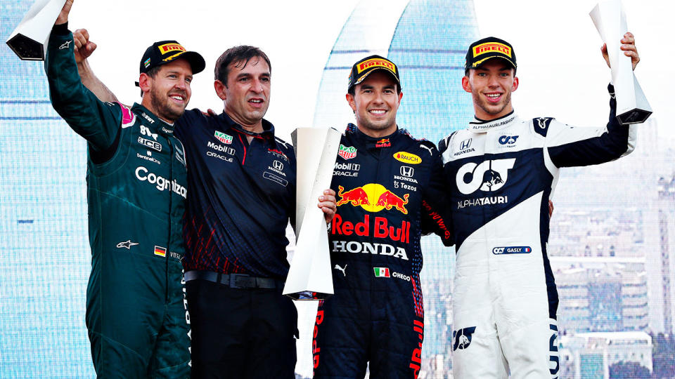 Sebastian Vettel, Sergio Perez and Pierre Gasly, pictured here on the podium after the F1 Grand Prix of Azerbaijan.