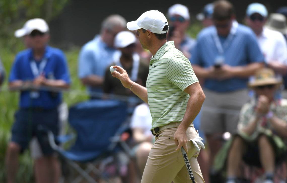 World No. 2 ranked golfer, Rory McIlroy of Holywood, Northern Ireland acknowledges the gallery after making birdie on the first hole during the first round of the RBC Heritage Presented by Boeing at Harbour Town Golf Links on Thursday, April 18, 2024 in Sea Pines on Hilton Head Island. Robert York/ryork@islandpacket.com