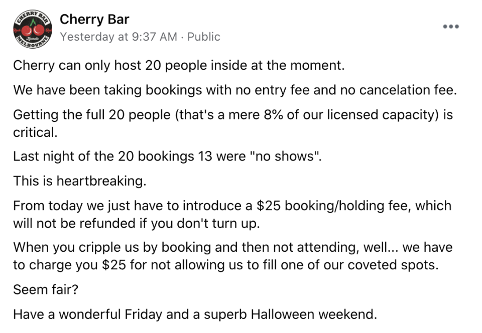 A post to Facebook from the bar revealed it would be introducing a booking fee. 