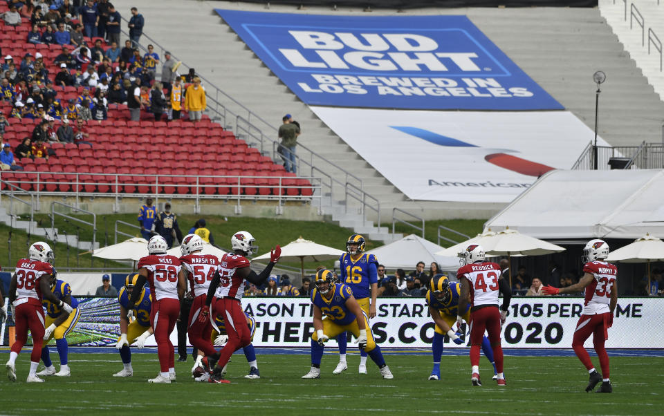 Advertising on lower-bowl seating, such as this Bud Light ad at Los Angeles Memorial Coliseum in 2019, could help teams recoup lost ticket revenue this season. (Photo by John McCoy/Getty Images)