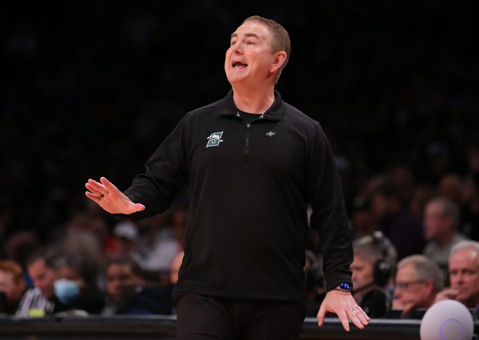 March 22, 2024, Brooklyn, NY, USA; Stetson Hatters head coach Donnie Jones reacts against the Connecticut Huskies in the first round of the 2024 NCAA Tournament at the Barclays Center. Mandatory Credit: Brad Penner-USA TODAY Sports