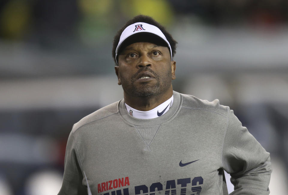 Arizona coach Kevin Sumlin looks at the scoreboard during a game against Oregon in 2019. (AP)