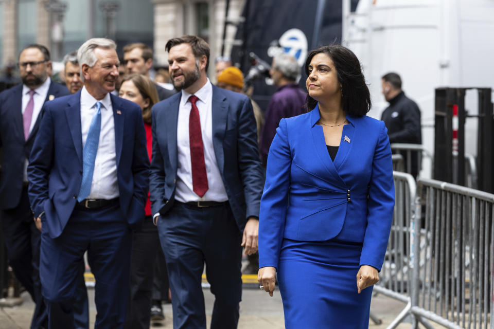 Rep. Nicole Malliotakis, R-N.Y.,right arrives with Sen. Tommy Tuberville, R-Ala., left and Sen. J.D. Vance, R-Ohio, right, to a press conference across the street from the Manhattan criminal court, Monday, May 13, 2024, in New York. Trump was accompanied to court Monday by some of his top congressional surrogates. (AP Photo/Stefan Jeremiah)