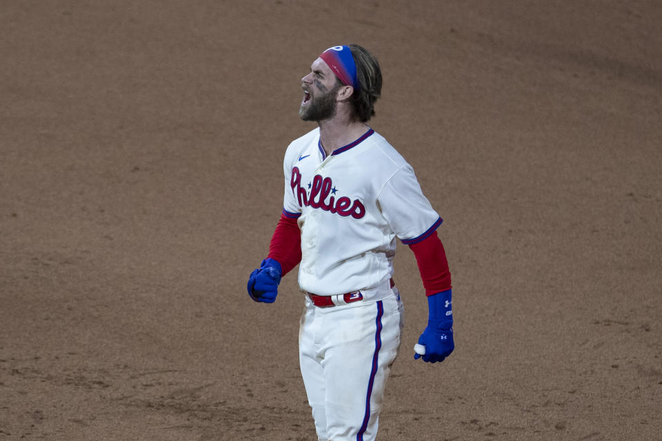 Bryce Harper homered for the third time in two days during Philadelphia's doubleheader sweep of Toronto. (Photo by Mitchell Leff/Getty Images)