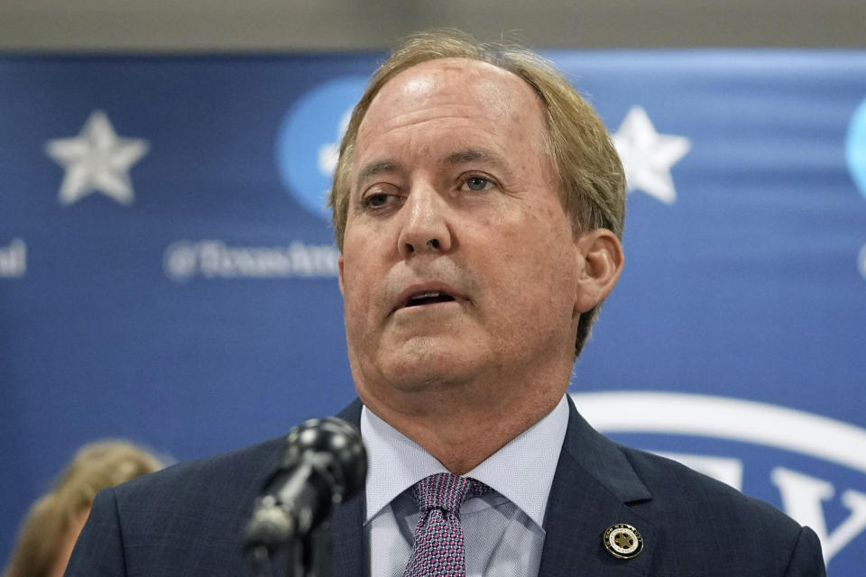 FILE - Texas state Attorney General Ken Paxton makes a statement at his office, May 26, 2023, in Austin, Texas. The Texas Supreme Court on Friday, Dec. 8, put on hold a judge's ruling that approved an abortion for a pregnant woman whose fetus has a fatal diagnosis, throwing into limbo an unprecedented challenge to one of the most restrictive bans in the U.S. (AP Photo/Eric Gay, File)