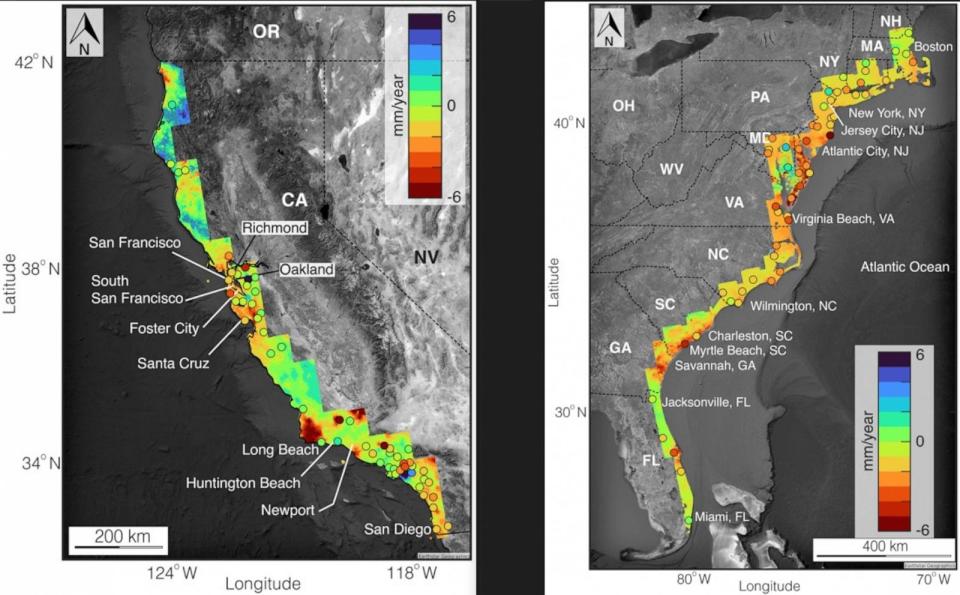 PHOTO: graphics of West coast and East coast sinking cities (NATURE)