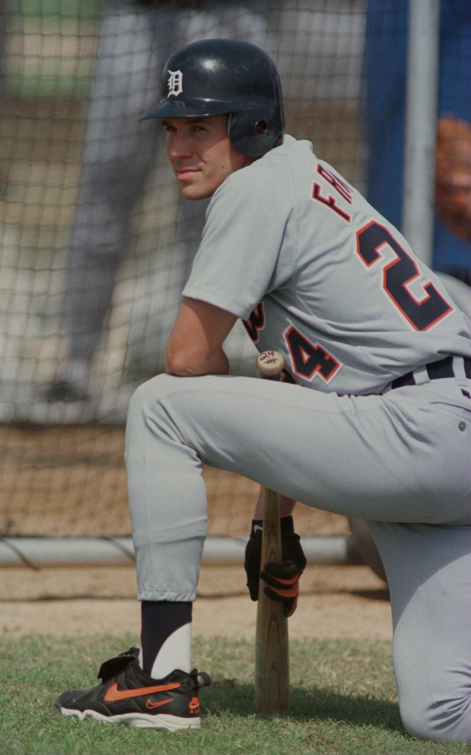 Tigers third baseman Travis Fryman waits around the batting cage for his turn to bat during spring training on Feb. 25, 1997, in Lakeland, Florida.