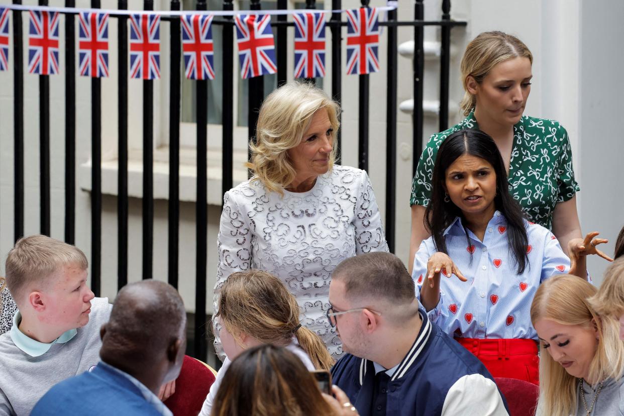 Britain's Prime Minister wife Akshata Murty welcomes US First Lady Jill Biden for a Coronation Big Lunch organised in Downing Street (AFP/Getty Images)