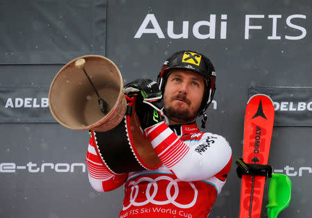 Alpine Skiing - Alpine Skiing World Cup - Men's Slalom - Adelboden, Switzerland - January 13, 2019 Austria's Marcel Hirscher celebrates winning the Men's Slalom REUTERS/Stefan Wermuth