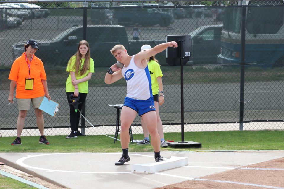 Kyle Bigley, Pueblo Central, attempts his shot put toss in the CHSAA 2022 shot put state finals held at Jeffco Stadium on May 19, 2022.