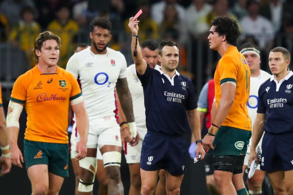 Darcy Swain looked to leave Australia in big trouble after being sent off for a first-half headbutt (AP)