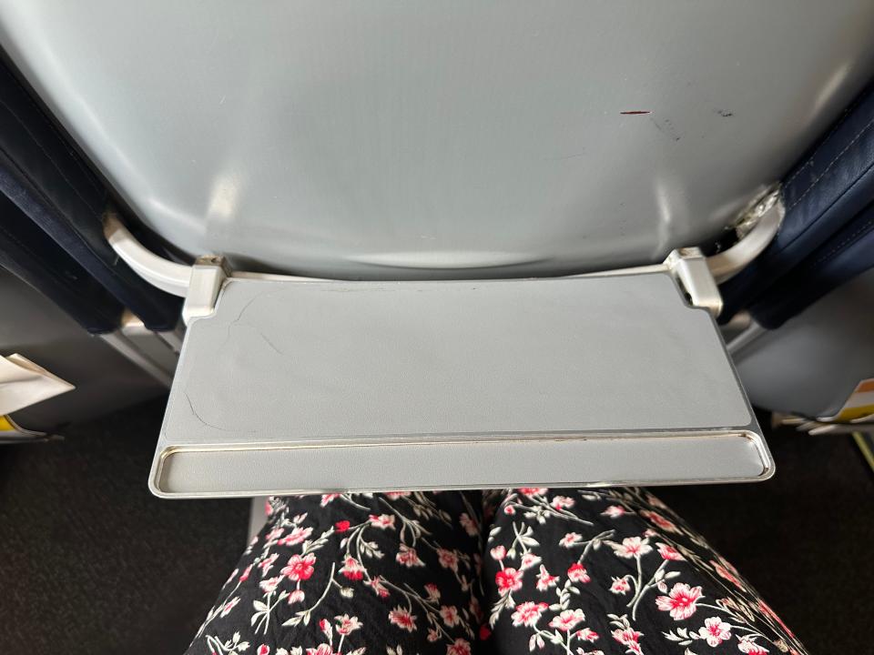 Small tray table above writers' knees on Spirit Flight 