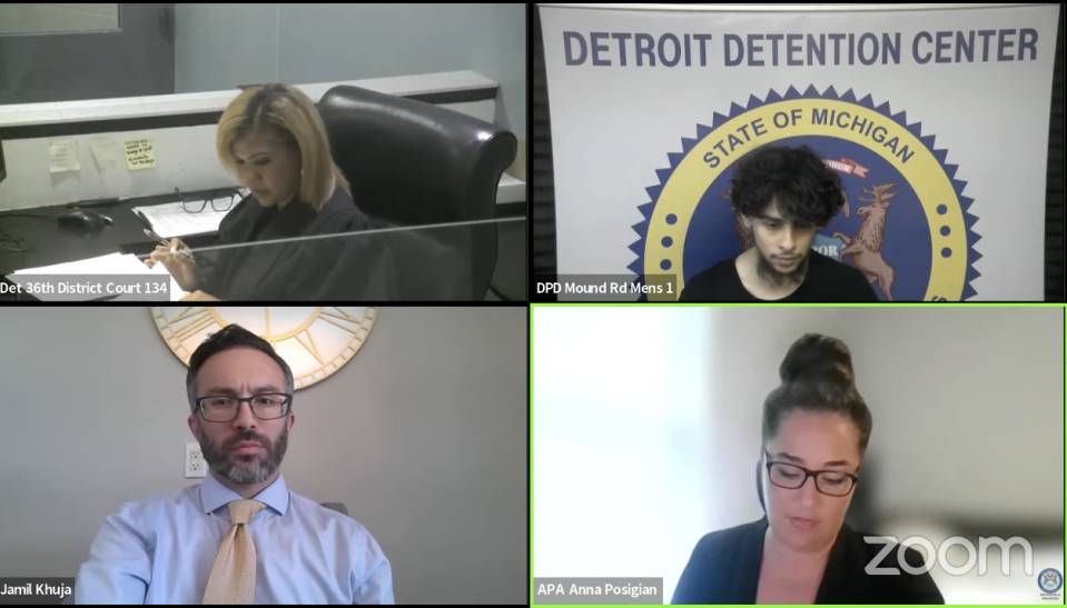 Clockwise from upper left, Magistrate Malaika Ramsey-Heath of 36th District Court, defendant Al-Hassan Aiyash, Wayne County Assistant Prosecuting Attorney Anna Posigian and defense attorney Jamil Khuja during a remote arraignment hearing Friday, May 19, 2023. Aiyash is charged with involuntary manslaughter for locking the doors of a Detroit gas station before a gunman opened fire on three patrons inside.