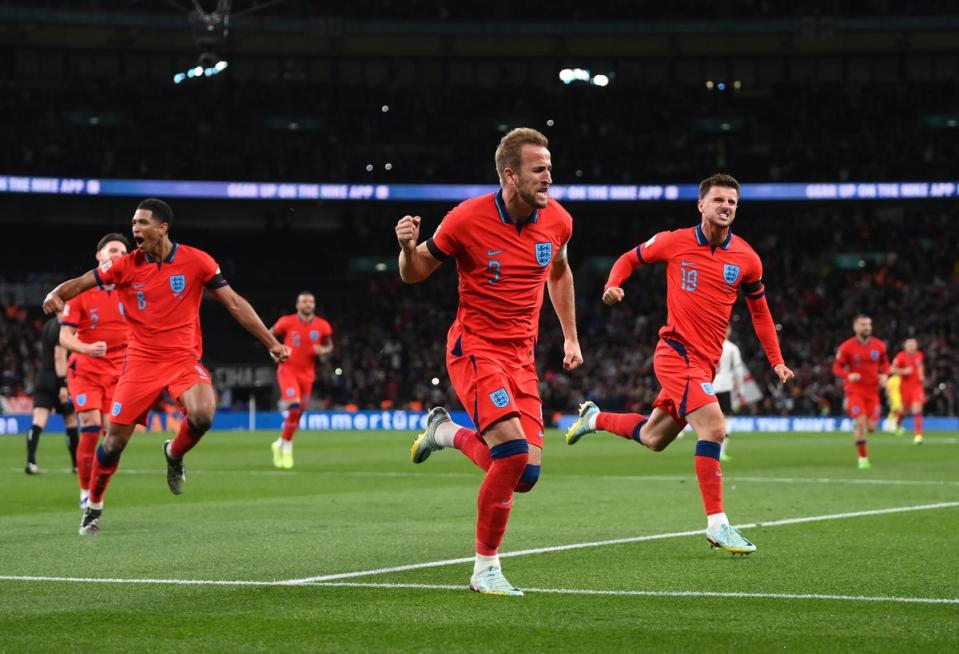 Harry Kane celebrates after scoring a penalty against Germany (Getty)