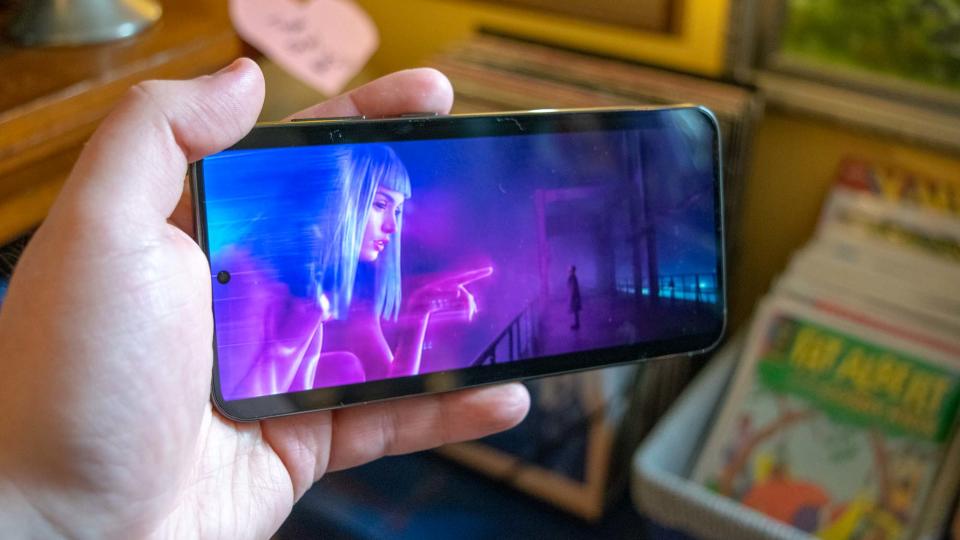 galaxy s23 plus screen showing blade runner 2049 trailer