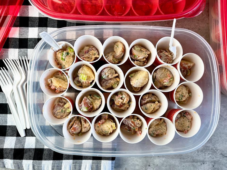 Mini cups of potato salad are all-day winners.