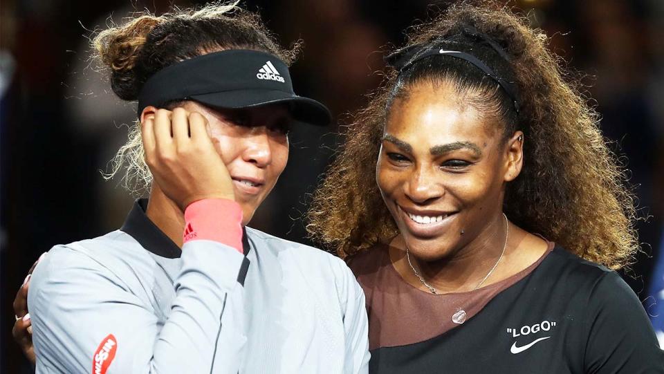 US Open winner Naomi Osaka (pictured left) crying as Serena Williams (pictured right) embraces her.