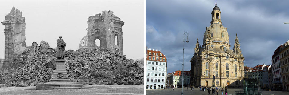 A combination of two pictures of the same scene over 50 years apart, with left showing the ruin of the Frauenkirche Cathedral (Church of Our Lady) in Dresden, Germany, pictured on March 13, 1967 and right the same cathedral pictured Tuesday, Feb. 11, 2020, two days before the 75th anniversary of the Allied bombing of Dresden during WWII. British and U.S. bombers on Feb. 13-14, 1945 destroyed Dresden’s centuries-old baroque city center, that is now restored.. (left: AP Photo, right: AP Photo/Jens Meyer)