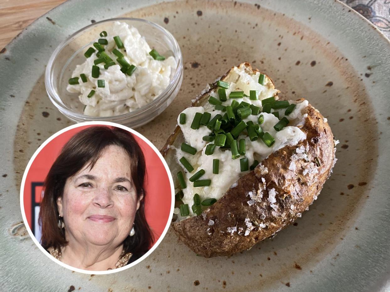 ina garten's face over a plate with a baked potato and whipped feta made with her recipe