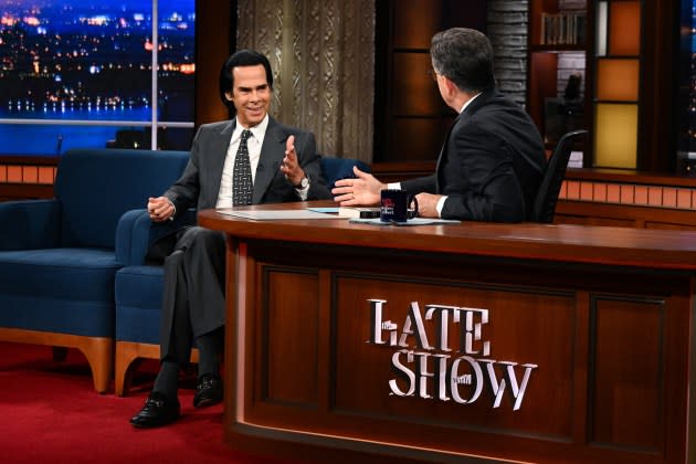 Nick Cave and Stephen Colbert. - Credit: Scott Kowalchyk/CBS