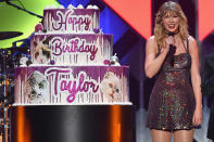 <p>The 2019 Jingle Ball was a special moment for Swift. In addition to performing an array of hits at Madison Square Garden, <a href="https://people.com/music/taylor-swift-30th-birthday-most-aggressive-holiday-party/" rel="nofollow noopener" target="_blank" data-ylk="slk:the event also fell on her 30th birthday;elm:context_link;itc:0;sec:content-canvas" class="link ">the event also fell on her 30th birthday</a>. Following her performance, <a href="https://people.com/music/taylor-swift-surprised-with-birthday-cake-at-jingle-ball/" rel="nofollow noopener" target="_blank" data-ylk="slk:Swift was honored with a special cake;elm:context_link;itc:0;sec:content-canvas" class="link ">Swift was honored with a special cake</a> featuring her three cats as the crowd sang her "Happy Birthday." </p>