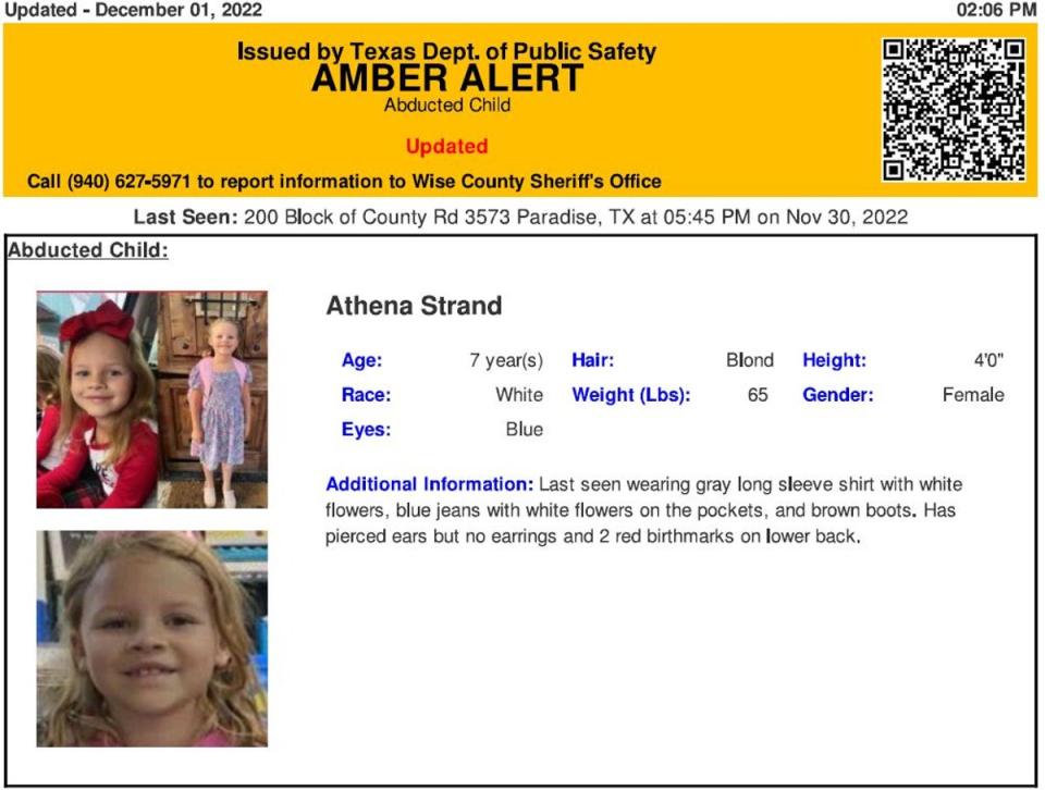 Authorities issued an amber alert for Athena Strand on Thursday (Texas Dept of Safety)