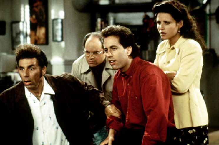 Michael Richards, Jason Alexander, Jerry Seinfeld, and Julia Louis-Dreyfus in <em>Seinfeld</em>. (Photo: NBC)