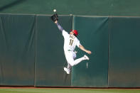 Oakland Athletics center fielder Skye Bolt (11) cannot catch a double hit by Toronto Blue Jays' Vladimir Guerrero Jr. during the fourth inning of a baseball game in Oakland, Calif., Monday, July 4, 2022. (AP Photo/Jeff Chiu)