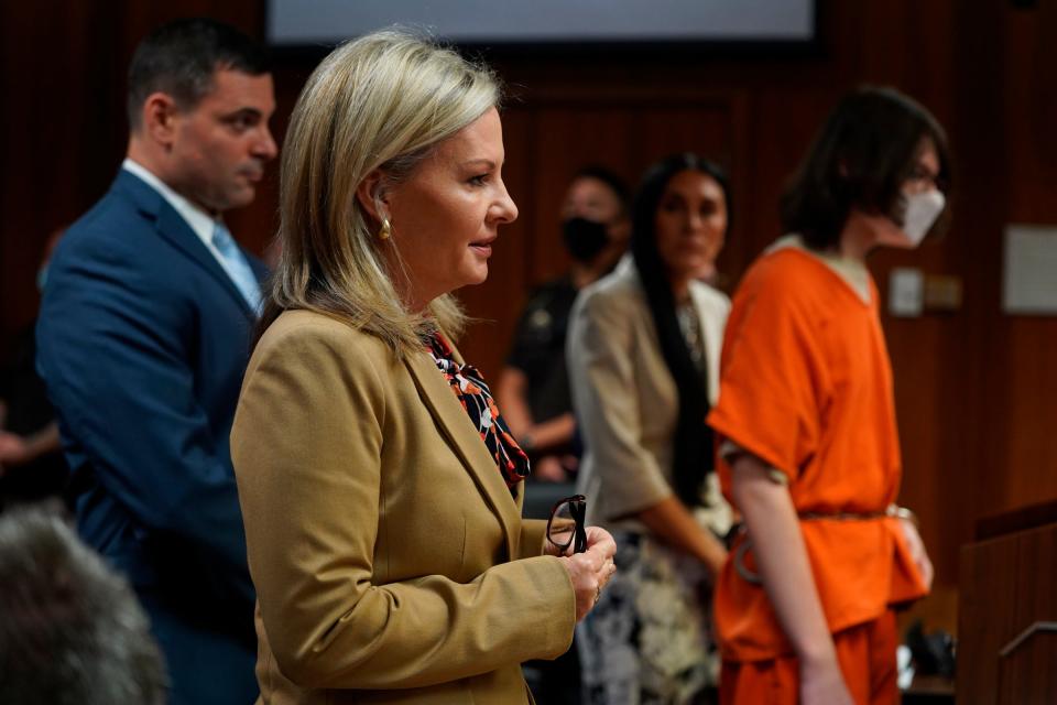 Oakland County Prosecutor Karen McDonald speaks to the judge after Oxford High School shooting suspect Ethan Crumbley pleads guilty for his role in the school shooting that occurred on November 30, 2021, during a his appearance at the Oakland County Circuit Court in Pontiac on Monday, October 24, 2022.