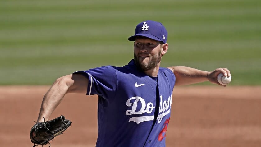 Dodgers left-hander Clayton Kershaw pitches during a spring training game against the Cleveland Guardians on March 23, 2022.