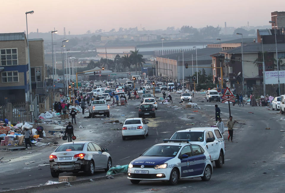 Traffic chaos is seen on a road in Mobeni, south of Durban South Africa, Thursday, July 15, 2021, as unrest continued in the KwaZulu Natal province. South African police and the army are struggling to bring order to impoverished areas of South Africa rocked by weeklong unrest and days of looting sparked by the imprisonment last week of ex-President Jacob Zuma. (AP Photo)