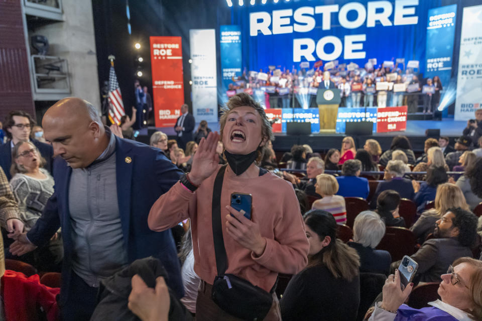 A protester who interrupted President Joe Biden is removed at an event on the campus of George Mason University in Manassas, Va., Tuesday, Jan. 23, 2024, to campaign for abortion rights, a top issue for Democrats in the upcoming presidential election. (AP Photo/Alex Brandon)