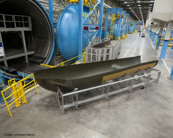The airframe for the Sierra Nevada Dream Chaser spacecraft at a Lockheed Martin facility in Fort Worth, Texas.