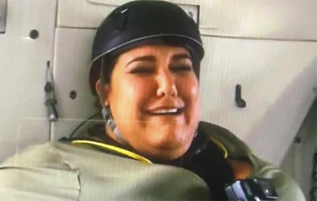 Producers of the show pulled the ultimate prank on the star by plunging her into a tank of water with a catfish. Photo: Channel 10.